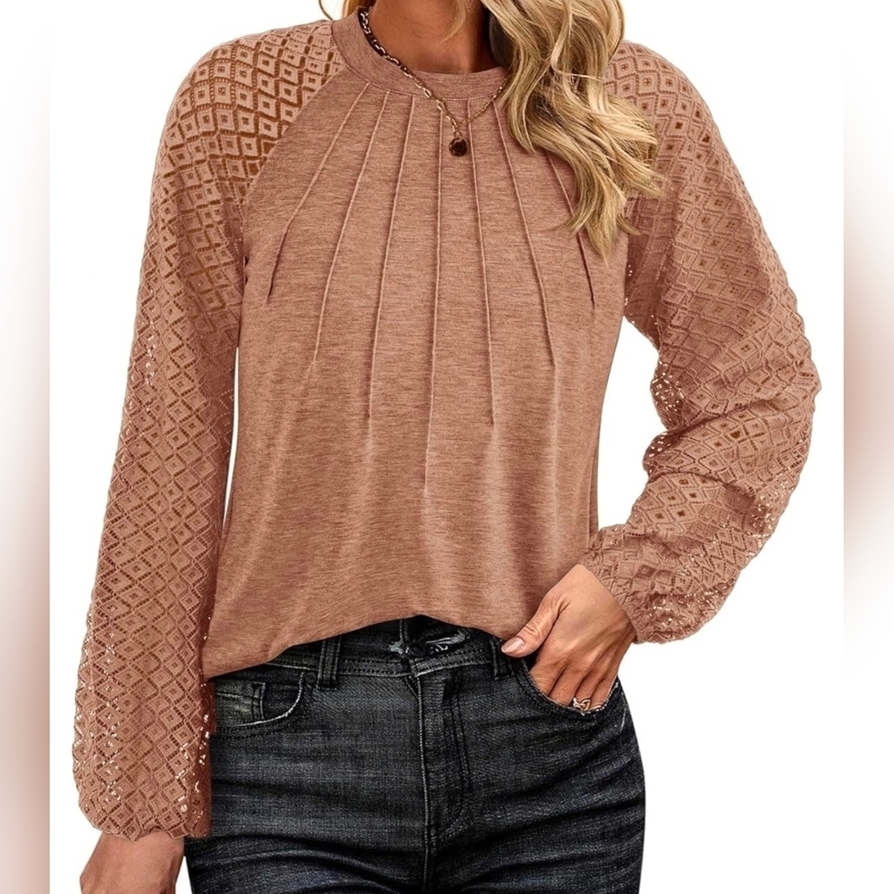 Khaki Long Lace Sleeve, Dressy Casual Pleated Blouse, Business Work Top